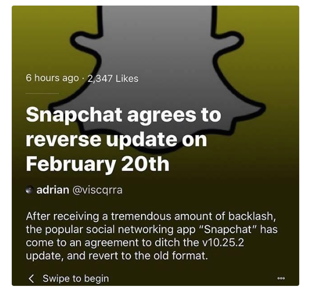 Ett rykte på Twitter om att Snapchat ska återta sin gamla design. Ett rykte på Twitter om att Snapchat ska återta sin gamla design.