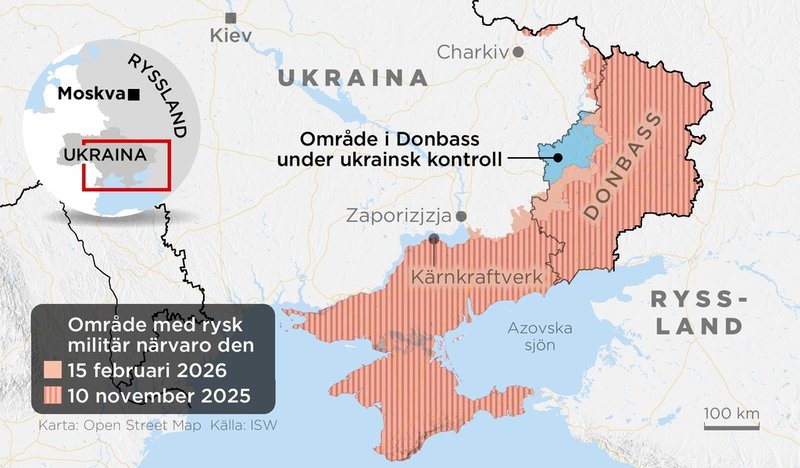 Områden i Ukraina med rysk militär närvaro den 15 februari 2026 jämfört med i november 2025.