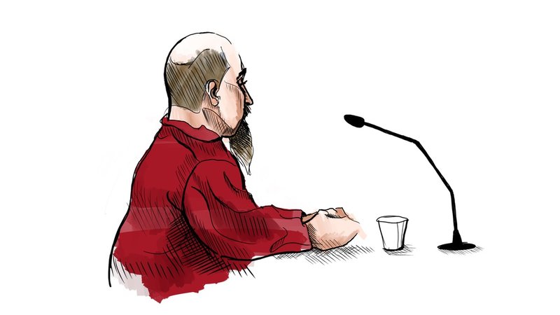 Teckning från förhandlingen mot den 44-årige man som i somras dömdes för mordet på 16-åriga Malin Lindström 1996.