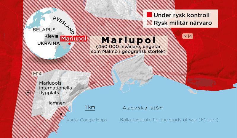 Områden under rysk kontroll samt områden med rysk militär närvaro, 24 februari–10 april.