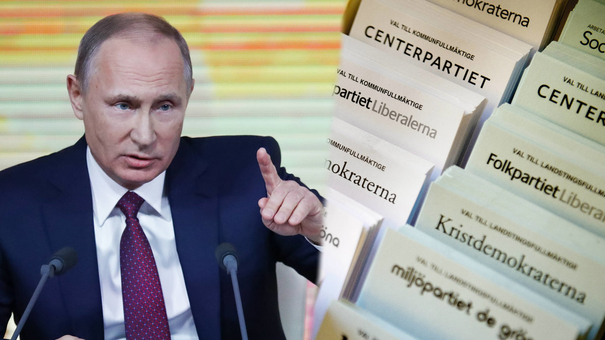 Vladimir Putin inklippt över bild på valsedlar. 