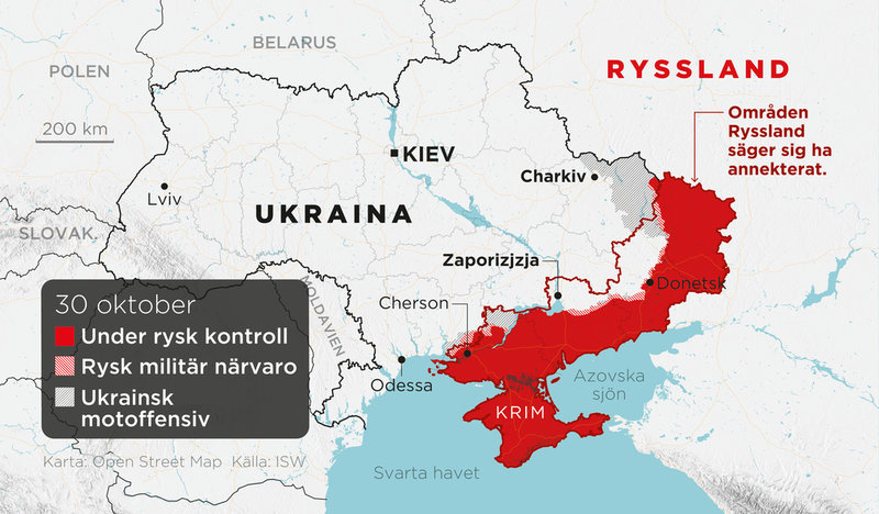 Områden under rysk kontroll, områden med rysk militär närvaro, ukrainska motoffensiver samt områden Ryssland säger sig ha annekterat, 30 oktober.