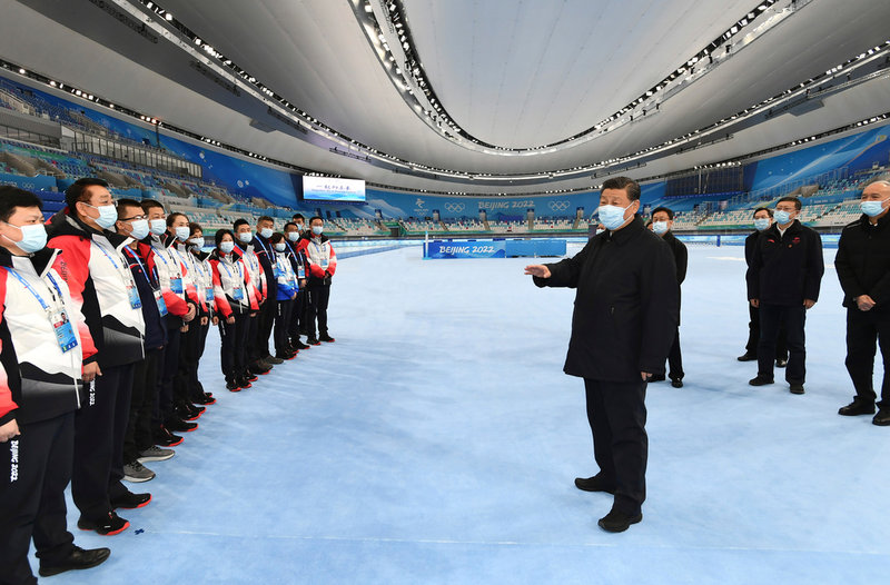 En bild från den statliga nyhetsbyrån Nya Kina visar president Xi Jinpings besök vid en olympisk arena i Peking i början av januari.