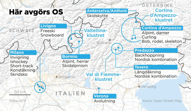 OS i Milano och Cortina avgörs i fyra områden i norra Italien.