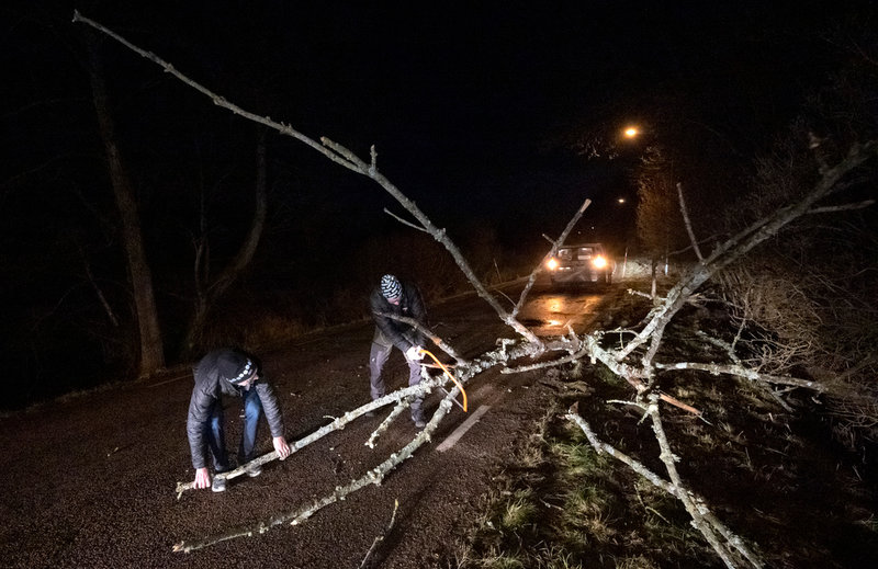 Ett stormfällt träd sågas sönder på en väg utanför Stehag i Skåne på måndagsmorgonen.