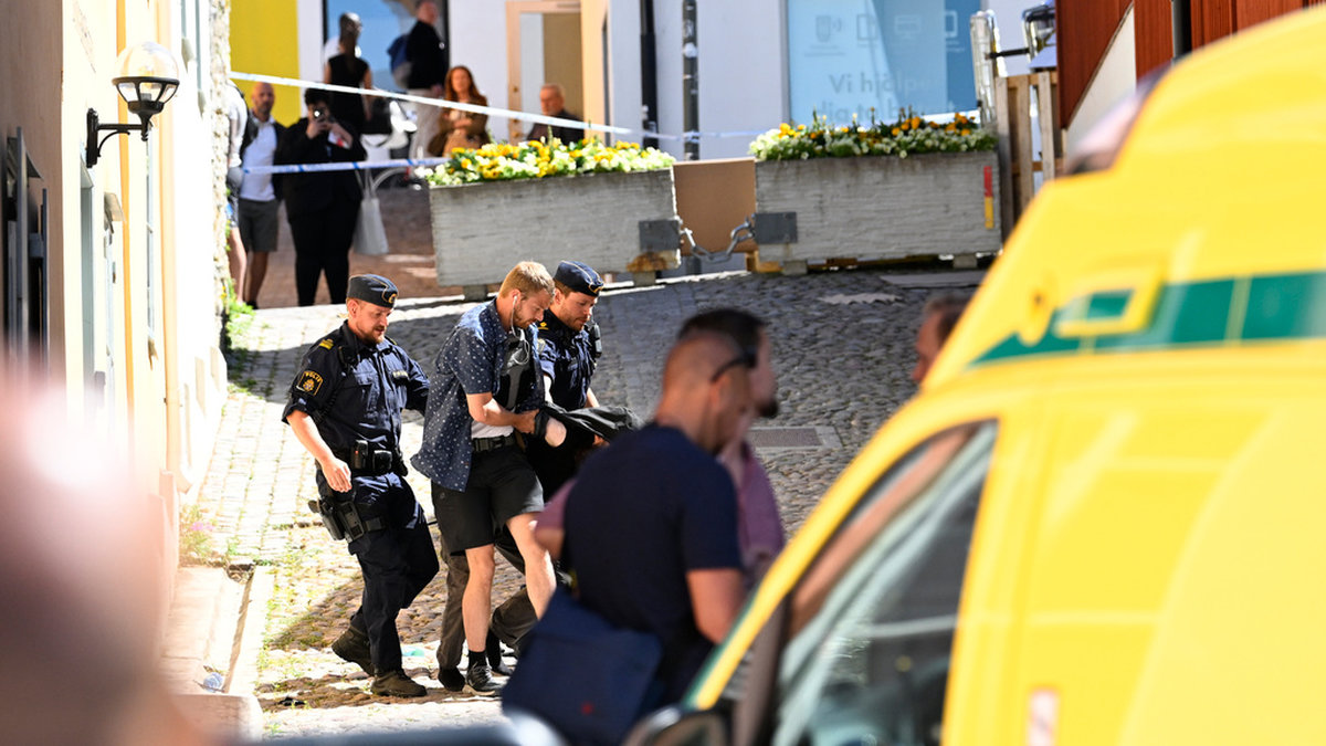 Civilklädd och uniformerad polis griper Theodor Engström efter attacken mot Ing-Marie Wieselgren, den 6 juli i år.