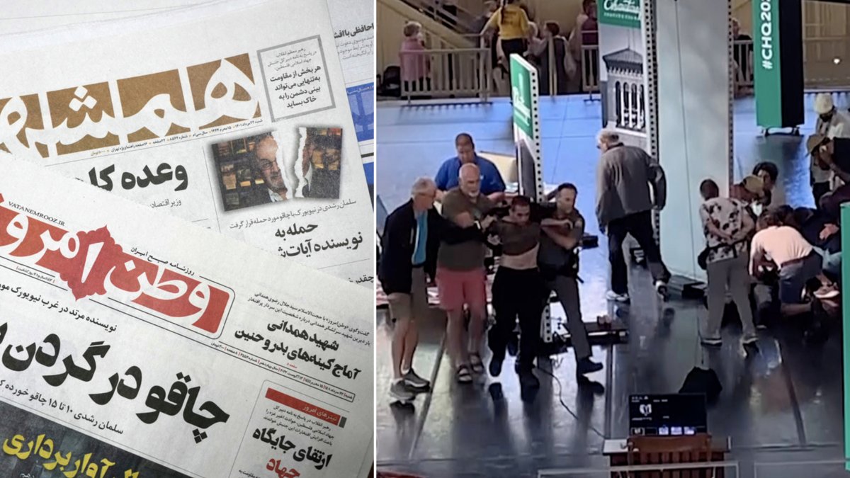 Framsidan på olika iranska tidningar 13:e augusti 2022, dagen efter attacken på Salman Rushdie. Flera konservativa medier har uttryckt jubel efter dådet.