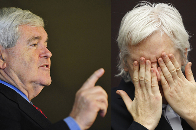 Newt Gingrich seglar upp som en av favoriterna bland de republikanska presidentkandidaterna. Med honom i Vita huset skulle USA kunna ta upp jakten på Julian Assange. Obs! Montage.