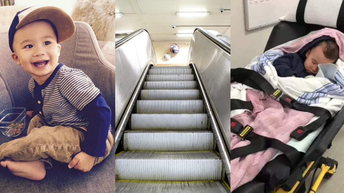 Två-åriga Julian fastnade med sin fot i en rulltrappa och bröt benet. 
