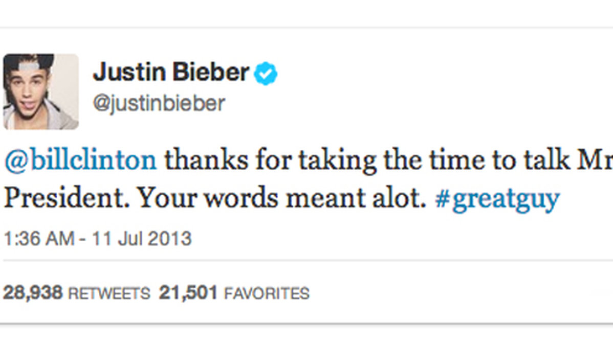 Justin tackade Clinton på sin Twitter, men raderade senare inlägget.