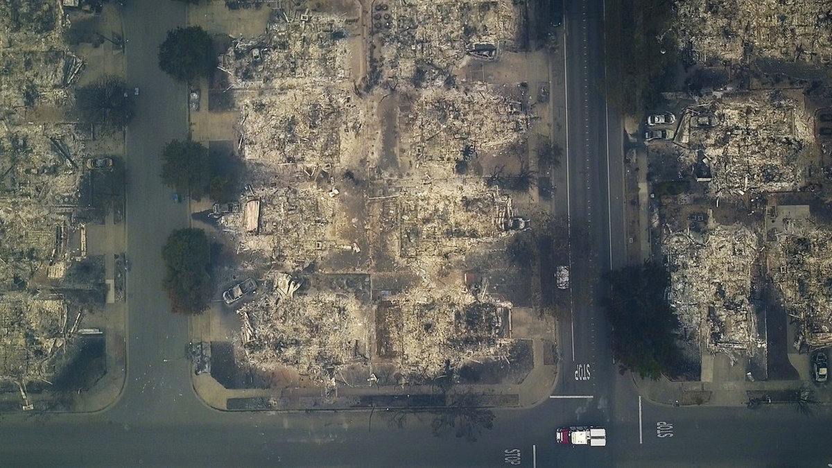 En bild från ovan som visar ett bostadsområde helt förstört. 