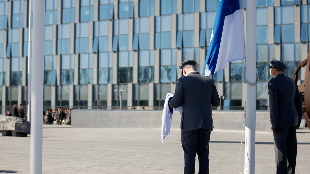 Natopersonal hissar Finlands flagga utanför alliansens högkvarter i Bryssel den 4 april. Arkivbild.
