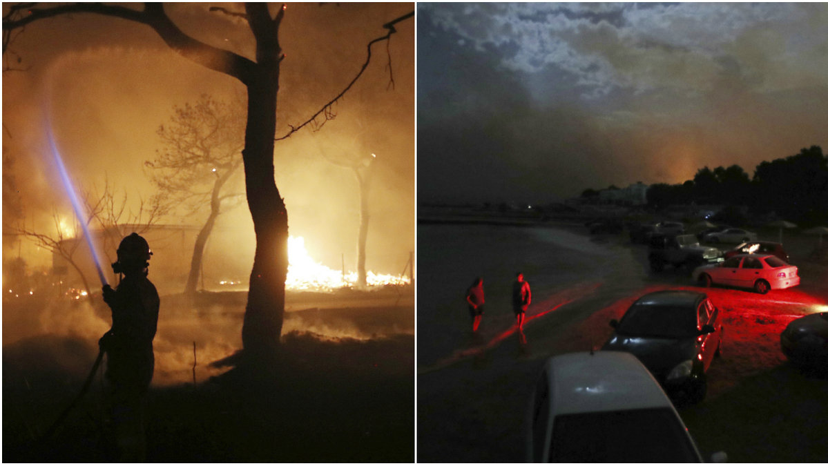 Flera skogsbränder härjar i Grekland i närheten av Aten.