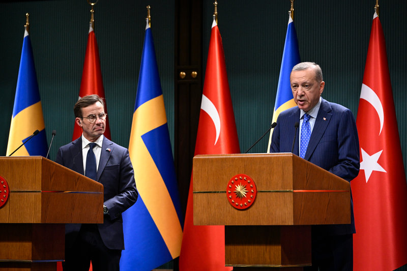 Sveriges statsminister Ulf Kristersson (M) och Turkiets president Recep Tayyip Erdogan vid en gemensam pressträff i Ankara i november. Arkivbild.
