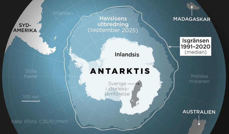 Havsisens utbredning i september 2025 jämfört med medianvärdet för perioden 1991–2020.