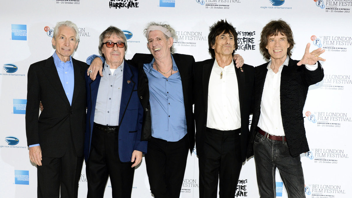 Rolling Stones vid premiären av filmen 'The Rolling Stones – Crossfire hurricane' 2012. Från vänster: Charlie Watts, Bill Wyman, Keith Richards, Ronnie Wood och Mick Jagger. Arkivbild.