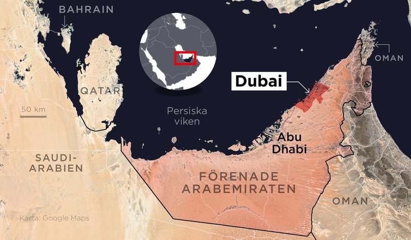 Kartan visar Dubai och Förenade arabemiraten.