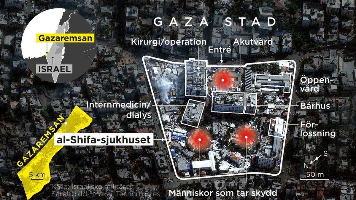 Området runt al-Shifa, Gazaremsans största sjukhus, har hamnat i fokus för striderna i området de senaste dagarna.