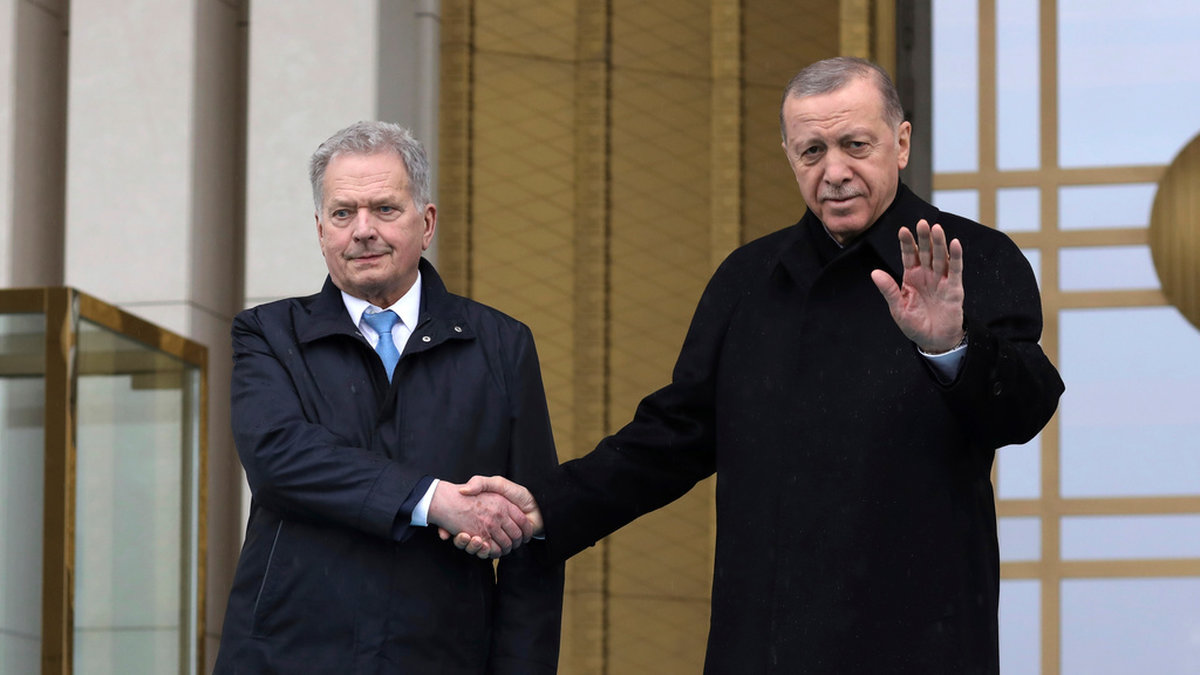 Finlands president Sauli Niinistö och Turkiets Recep Tayyip Erdogan i Ankara i mars. Arkivbild.