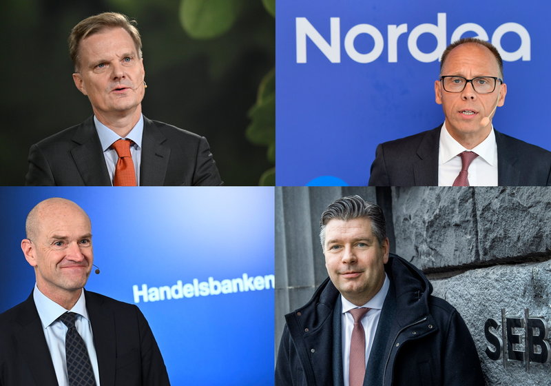Överst från vänster: Swedbanks vd Jens Henriksson, Nordeas vd Frank Vang-Jensen,Michael Green, vd Handelsbanken, ochSEB:s vd Johan Torgeby. Arkivbild.