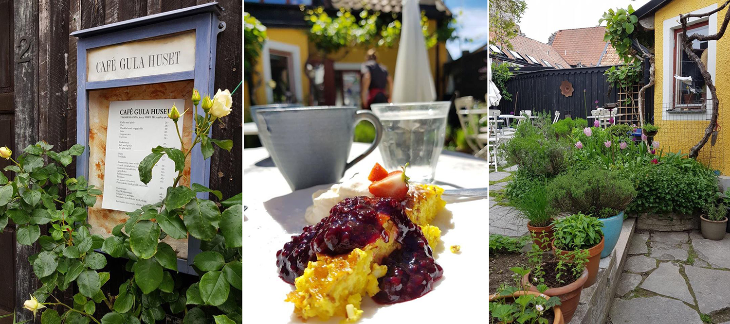 Bilden visar ett kollage av tre bilder. Till vänster syns en bild på menyn till Café Gula Huset, som är ett café som ligger i Visby på Gotland. Bilden i mitten visar en gul saffranspannkaka med hallonsylt som ligger på ett vitt fat, bakom saffranspannkakan står en grå kaffekopp och ett genomskinligt vattenglas. Längst till höger visas innergården på Café Gula Huset, där det står krukor med grönskande växter och blommor. Bilden visar ett kollage av tre bilder. Till vänster syns en bild på menyn till Café Gula Huset, som är ett café som ligger i Visby på Gotland. Bilden i mitten visar en gul saffranspannkaka med hallonsylt som ligger på ett vitt fat, bakom saffranspannkakan står en grå kaffekopp och ett genomskinligt vattenglas. Längst till höger visas innergården på Café Gula Huset, där det står krukor med grönskande växter och blommor.