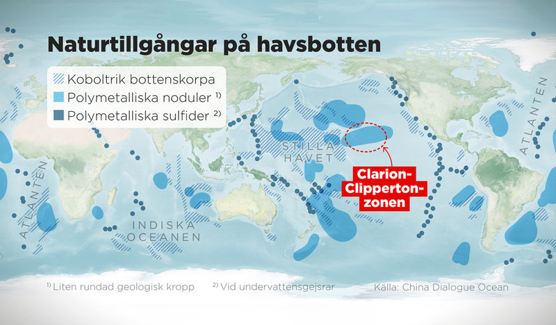 Kartan visar områden med koboltrik bottenskorpa samt polymetalliska noduler och sulfider.