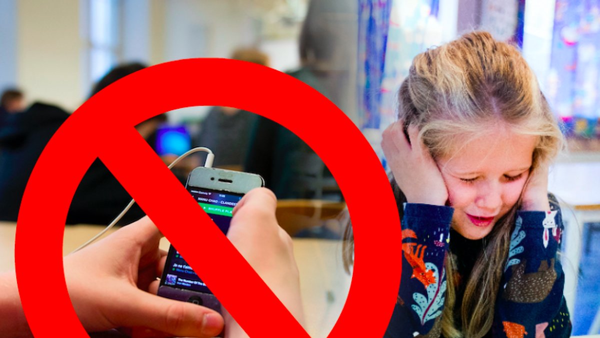 En hand med en mobiltelefon med en förbudssymbol över. Till höger en flicka som håller för öronen. 
