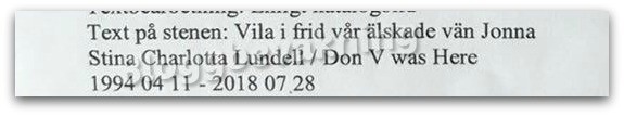 Text på Jonna Lundells gravsten Text på Jonna Lundells gravsten