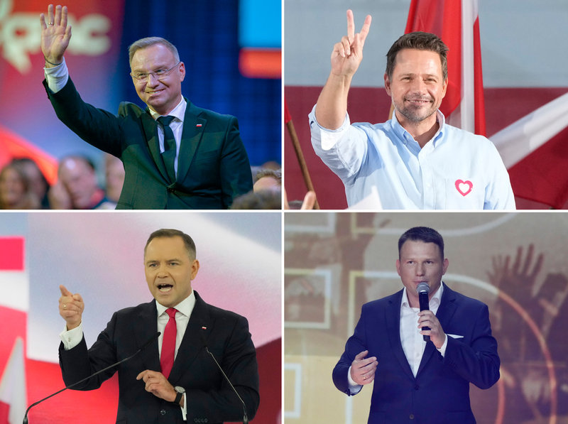 Polens avgående president Andrzej Duda (vänster uppe) och de tre toppnamnen i opinionen inför söndagens val: Rafal Trzaskowski (höger uppe), Karol Nawrocki (vänster nere) och Slawomir Mentzen (höger nere).