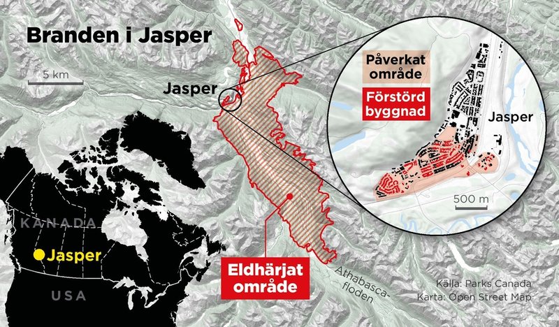 Kartan visar området i staden Jasper i Kanada som eldhärjats i den stora skogsbranden i nationalparken med samma namn.