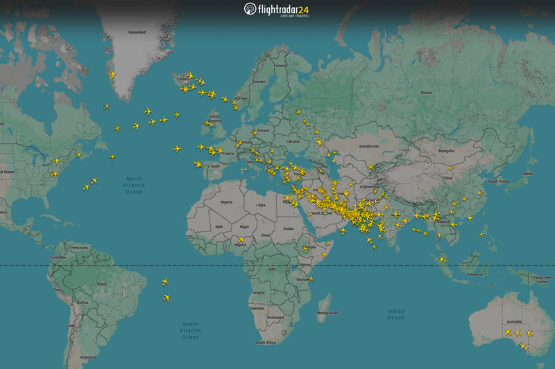 Så här såg flygtrafiken ut till Bahrain, Kuwait, Qatar, Förenade arabemiraten, Israel, Jordanien, Syrien, Iran och Irak den 25 februari, innan Irankriget bröt ut.