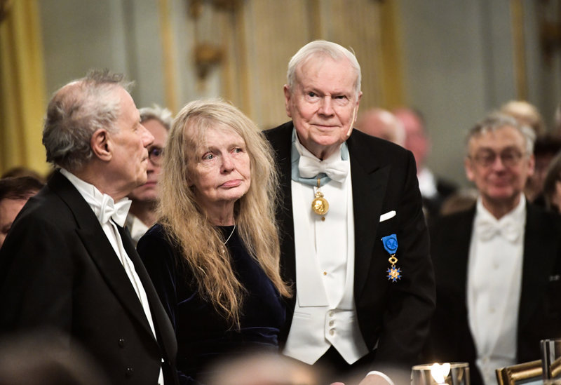 Per Wästberg, Kristina Lugn och Kjell Espmark vid Svenska Akademiens årliga högtidssammankomst i Stora börssalen i Börshuset i Stockholm 2017.