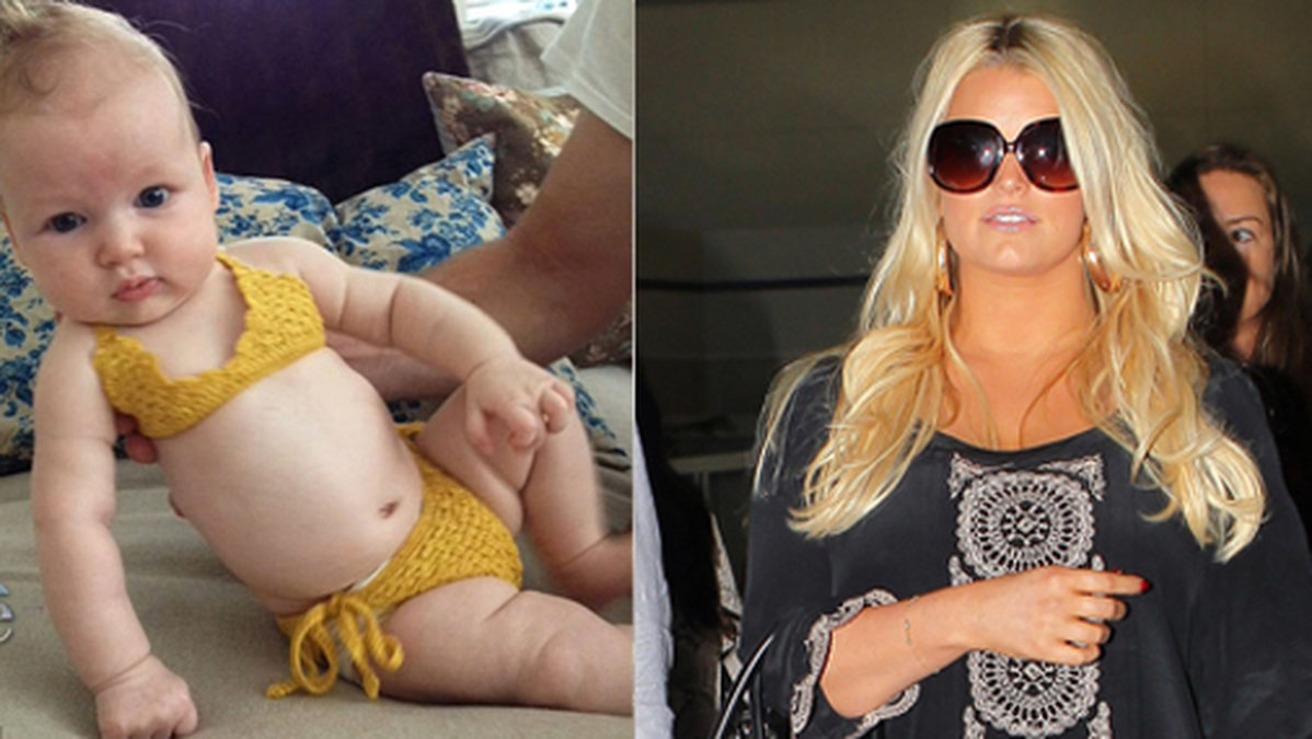 Till vänster: Maxwell Johnson i gul virkad bikini. Till höger: Maxwells mamma Jessica Simpson. Uppenbarligen utan bikini.