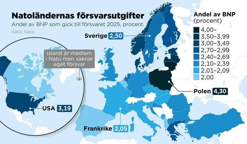 Andel av BNP som gick till försvaret 2025, i procent.