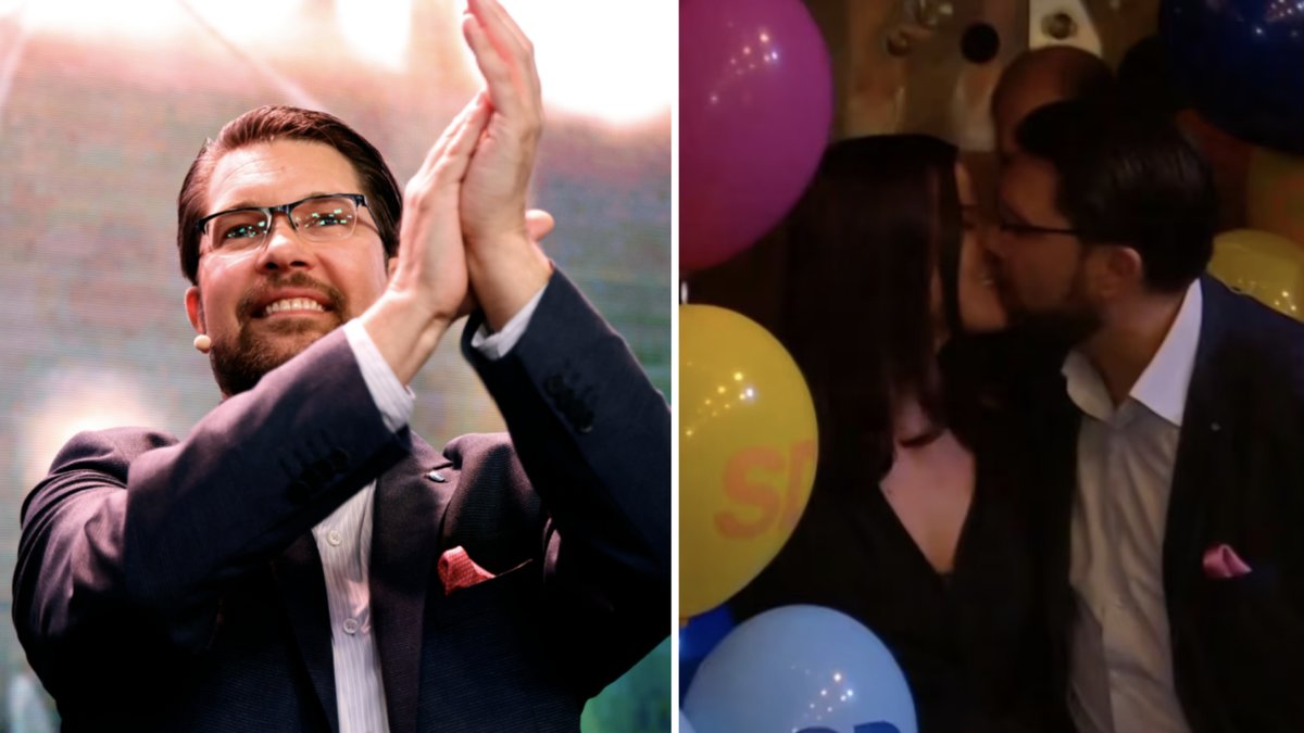 Jimmie Åkessons nya flickvän heter Matilda Kärnerup – här fångas deras puss på bild under SVT:s valvaka
