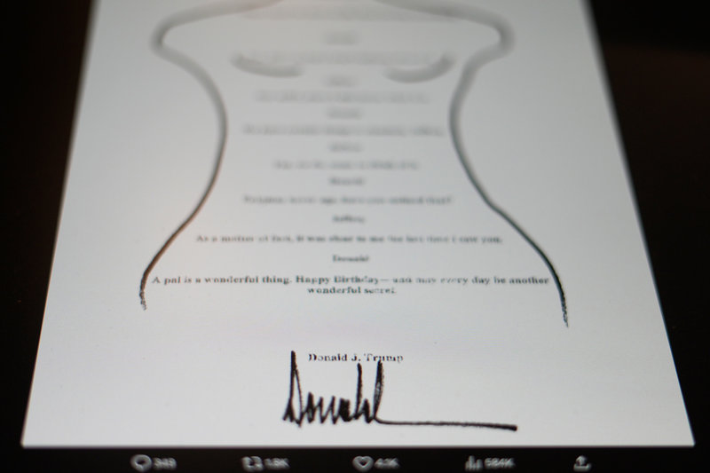 En omdebatterad födelsedagshälsning som president Donald Trump påstås ha skrivit till Jeffrey Epstein på hans 50-årsdag 2003, som ingår i Epsteinutredningen. 