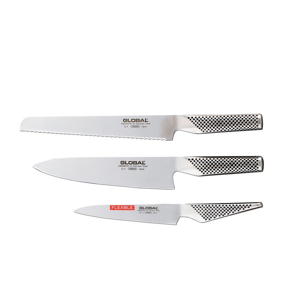 Knivset Global med brödkniv, kockkniv och liten allroundkniv Knivset Global med brödkniv, kockkniv och liten allroundkniv