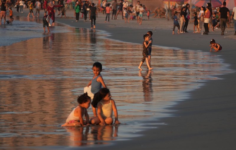 Palestinska barn på stranden i Gaza tidigare i augusti. Barnen njuter av det sommarvarma vattnet, men för många arter är temperaturerna ett stort hot.