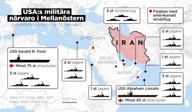 Ungefärliga positioner för amerikanska ytstridsfartyg i Mellanöstern.