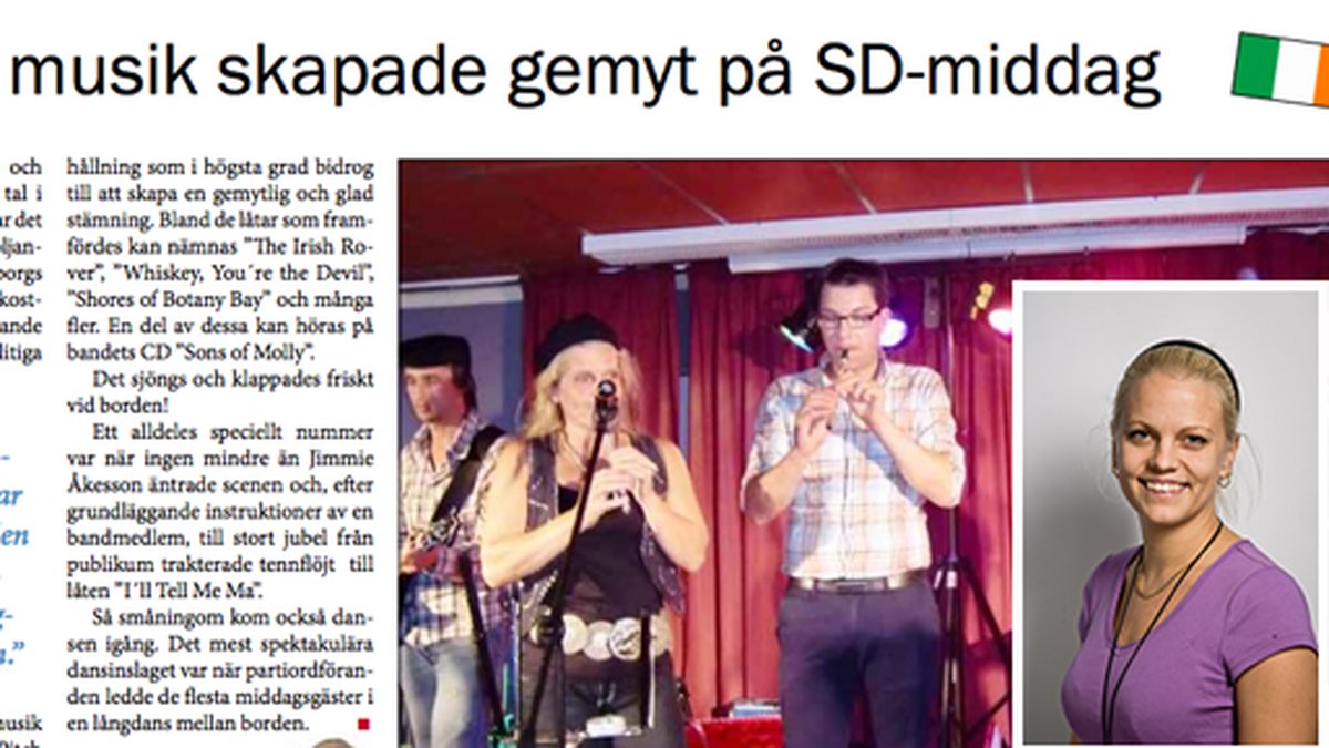 Här spelar Jimmie Åkesson flöjt med M-politikerns band på SD:s medlemsmiddag. Infälld: Emilie Pilthammar.