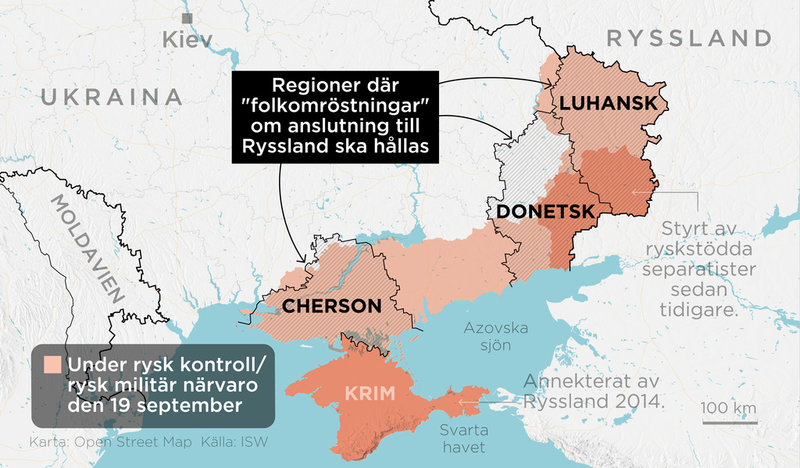 Kartan visar regionerna Luhansk, Donetsk och Cherson i Ukraina, där ockupationsmakten ska hålla ”folkomröstningar” inom kort.