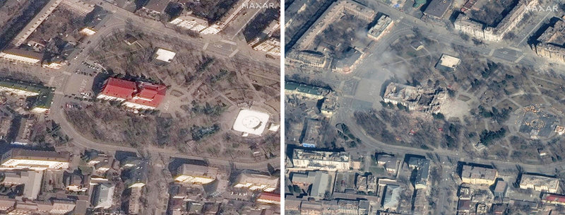 Teaterhuset i Mariupol, före och efter bombningen. På bilden till vänster syns ordet 'BARN' skrivet på marken på var sida om byggnaden.