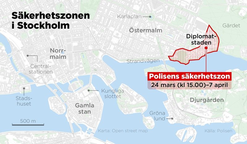 Polisens upprättar en säkerhetszon som omfattar delar av Diplomatstaden i Stockholm från klockan 15.00 den 24 mars till och med den 7 april.
