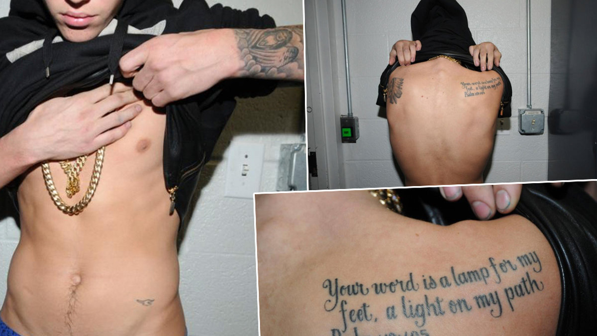 Har du koll på Biebers tatueringar? Stjärnan började gadda sig vid 16 års ålder. När han i början av året greps för rattfylla passade polisen på att föreviga några av tatueringarna. Bläddra vidare för att se några. 