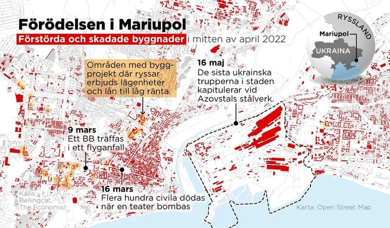 Kartan visar förstörda och skadade byggnader i Mariupol i slutet av den ryska belägringen av staden, i mitten av april 2022.