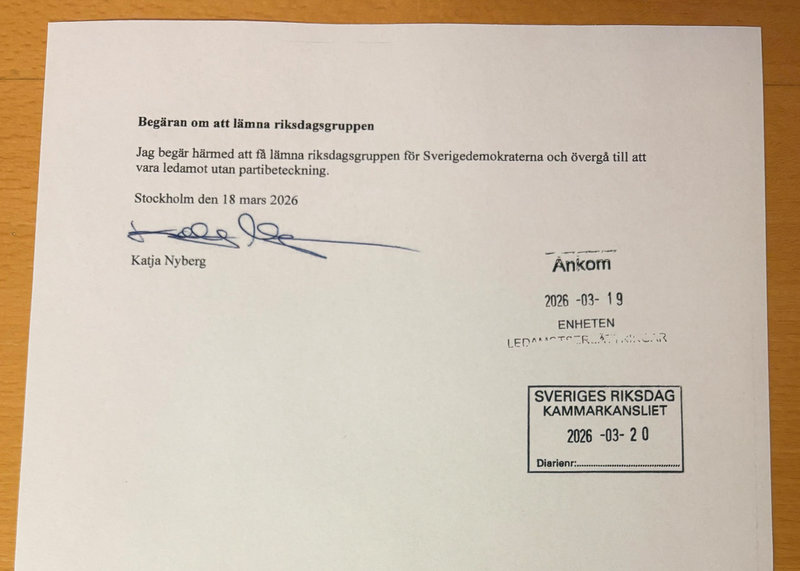 Katja Nyberg begär i ett brev att få lämna riksdagsgruppen. Pressbild.  
