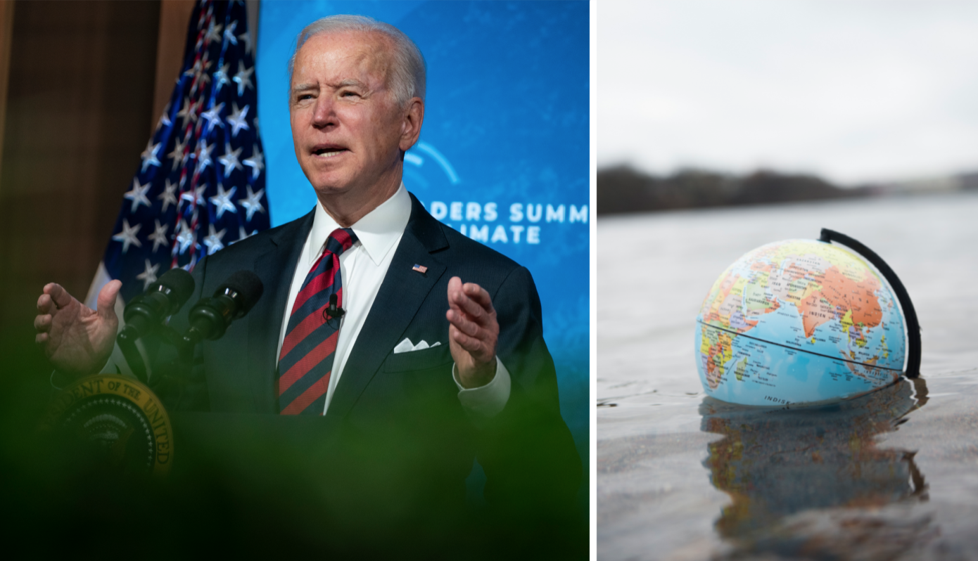 President Joe Biden och en sjunkande jordglob.