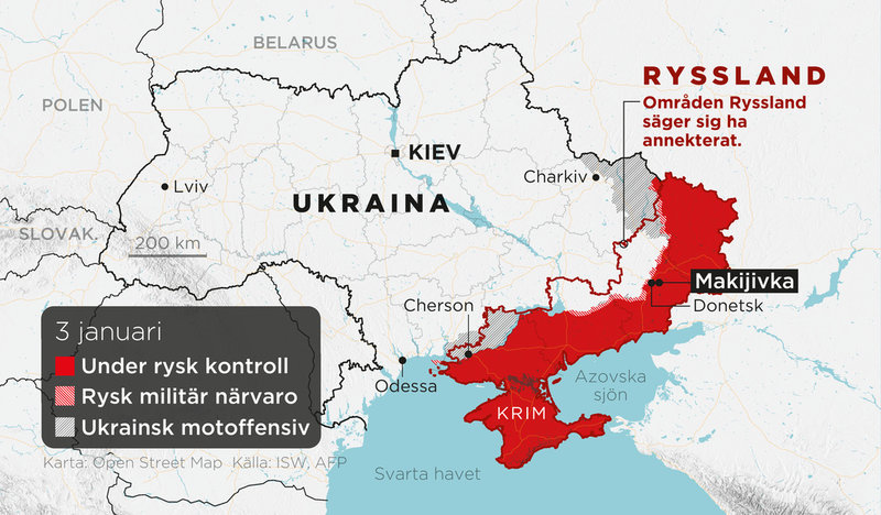 Områden under rysk kontroll, områden med rysk militär närvaro, ukrainska motoffensiver, annekterade områden den 3 januari.