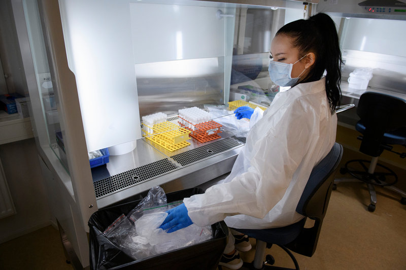 Daniela Rodriguez Mäki är laboratoriebiträde på covid-19-masstestningslaboratoriet på Karolinska universitetssjukhuset i Solna och packar upp och kontrollerar att provrören är korrekta när de kommer in. Varje dag får de in 11 000 prover.