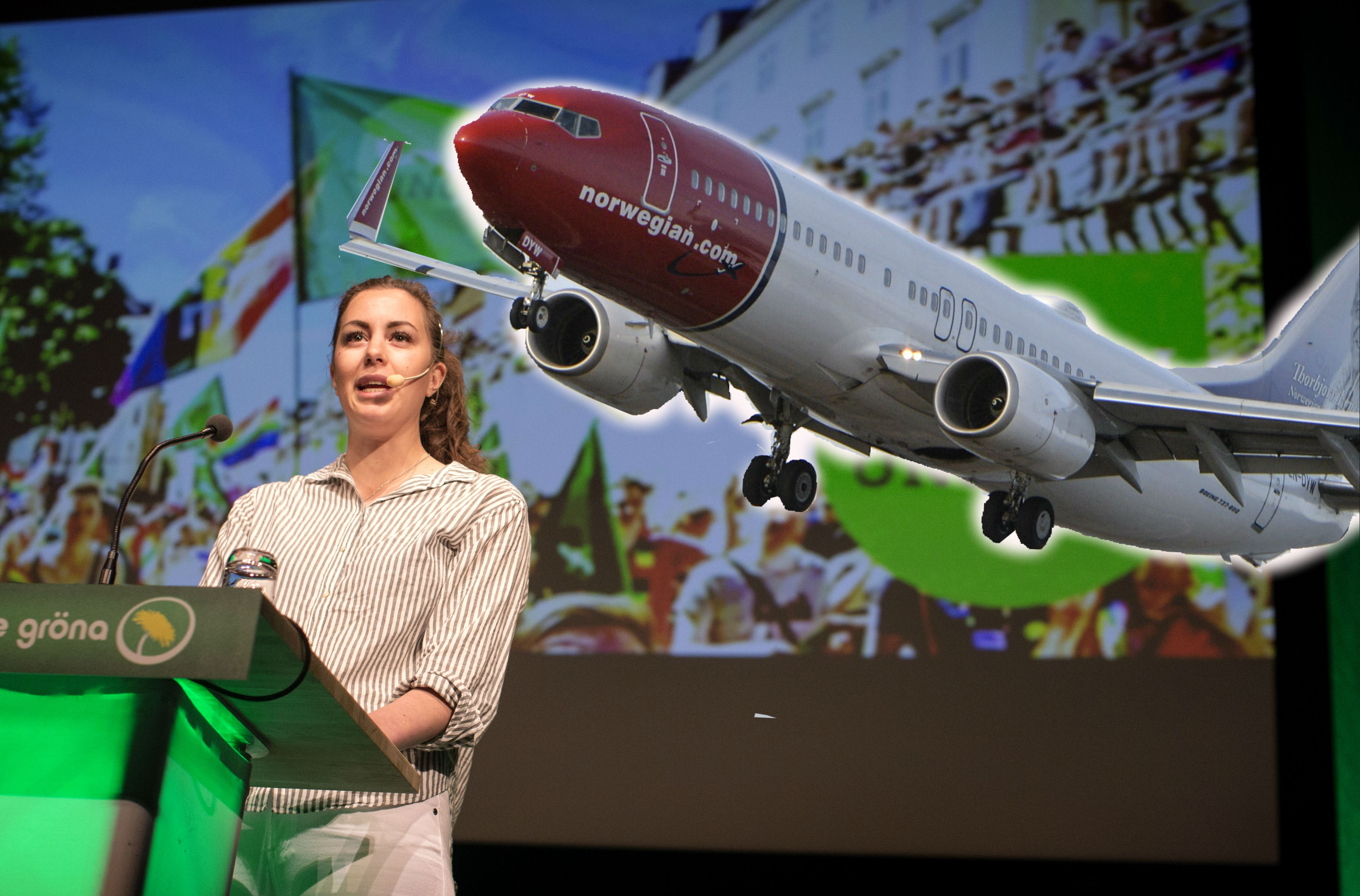 Hanna Lidström talar på Miljöpartiets kongress. Ett flygplan är inklippt i bilden. 